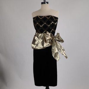 ❄️ Vtg Black Velvet Strapless Gold Ribbon Sequin Dress Party Cocktail Holiday XS